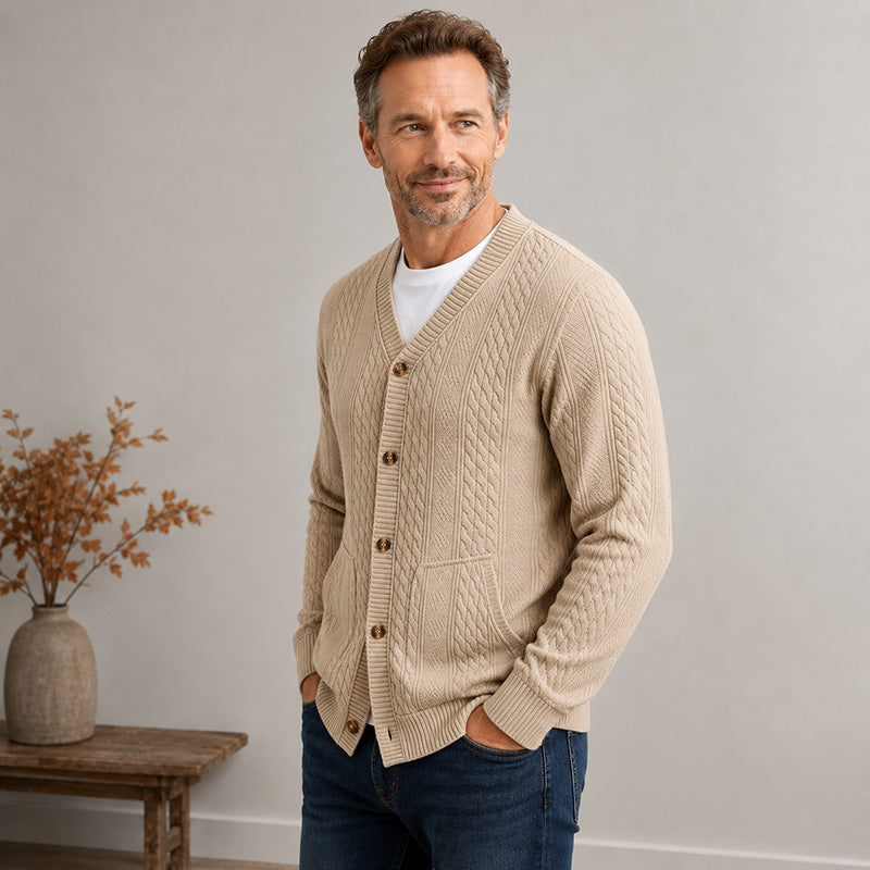 Men's Textured Jacquard V-Neck Cardigan
