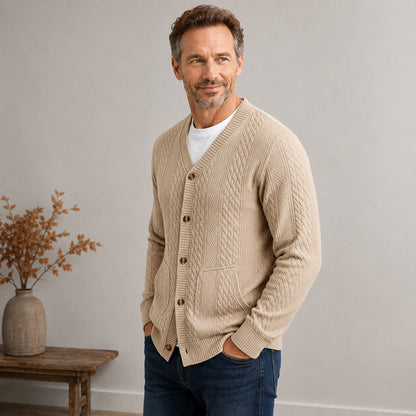 Men's Textured Jacquard V-Neck Cardigan