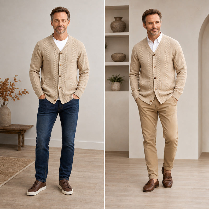 Men's Textured Jacquard V-Neck Cardigan
