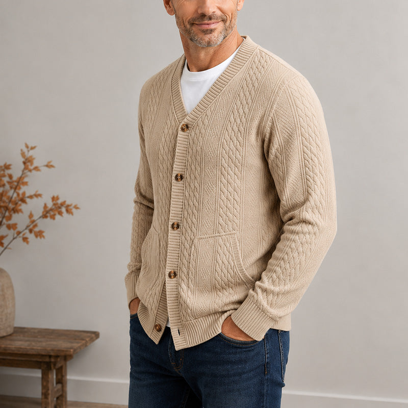 Men's Textured Jacquard V-Neck Cardigan