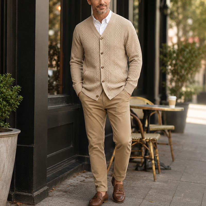 Men's Textured Jacquard V-Neck Cardigan