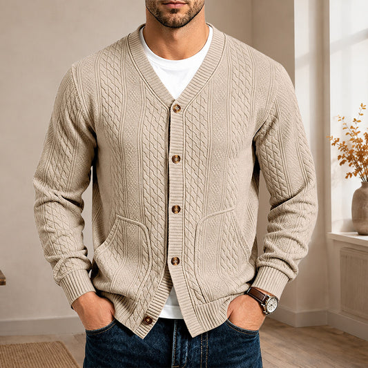 Men's Textured Jacquard V-Neck Cardigan