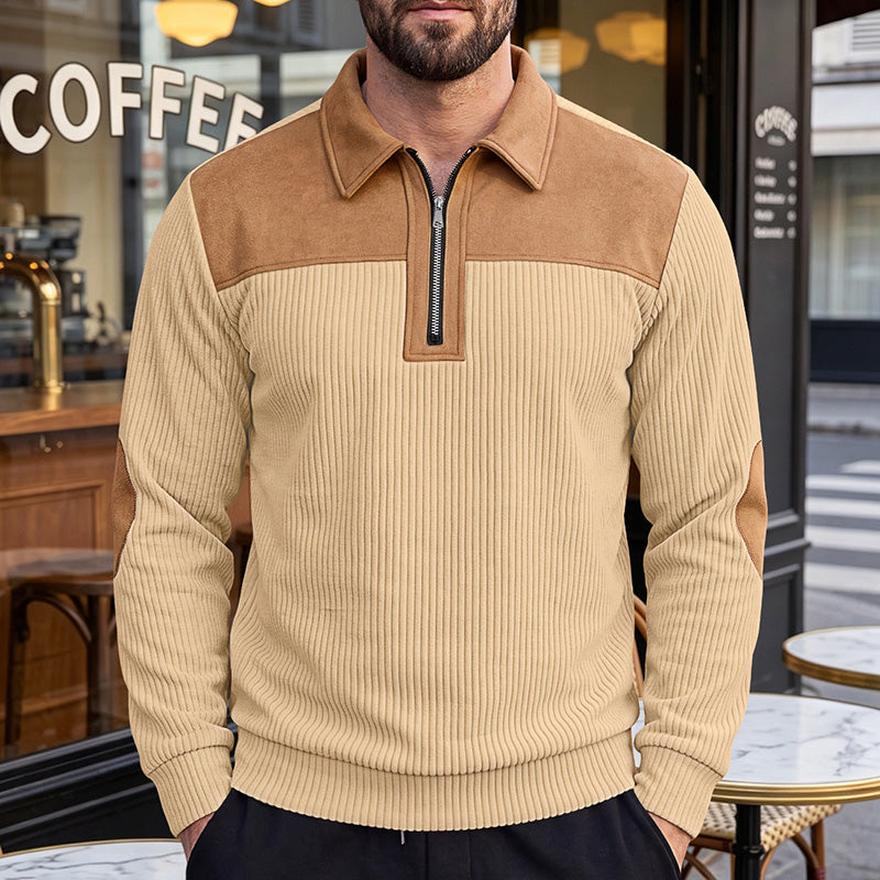 Men's Quarter-Zip Color Block Corduroy Pullover