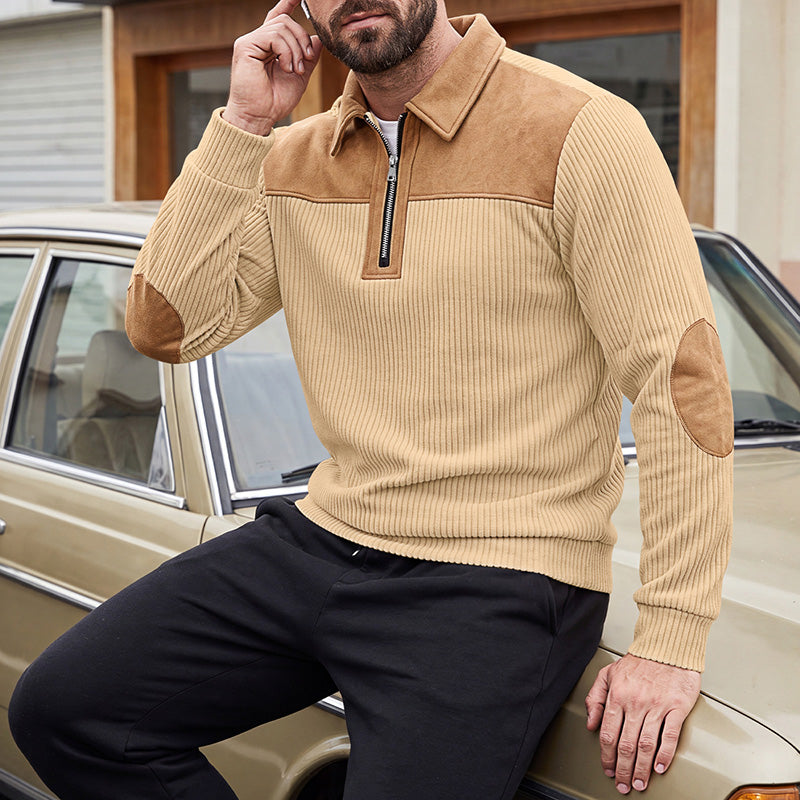 Men's Quarter-Zip Color Block Corduroy Pullover