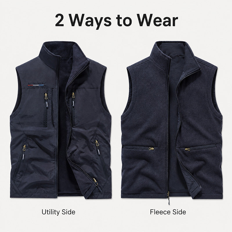 Men’s Reversible Fleece-Lined Utility Vest with 8 Pockets