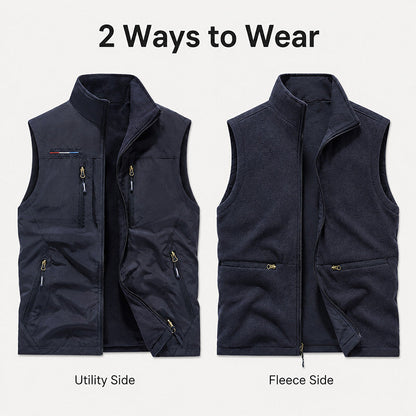 Men’s Reversible Fleece-Lined Utility Vest with 8 Pockets