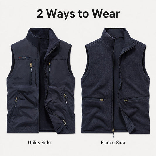 Men’s Reversible Fleece-Lined Utility Vest with 8 Pockets