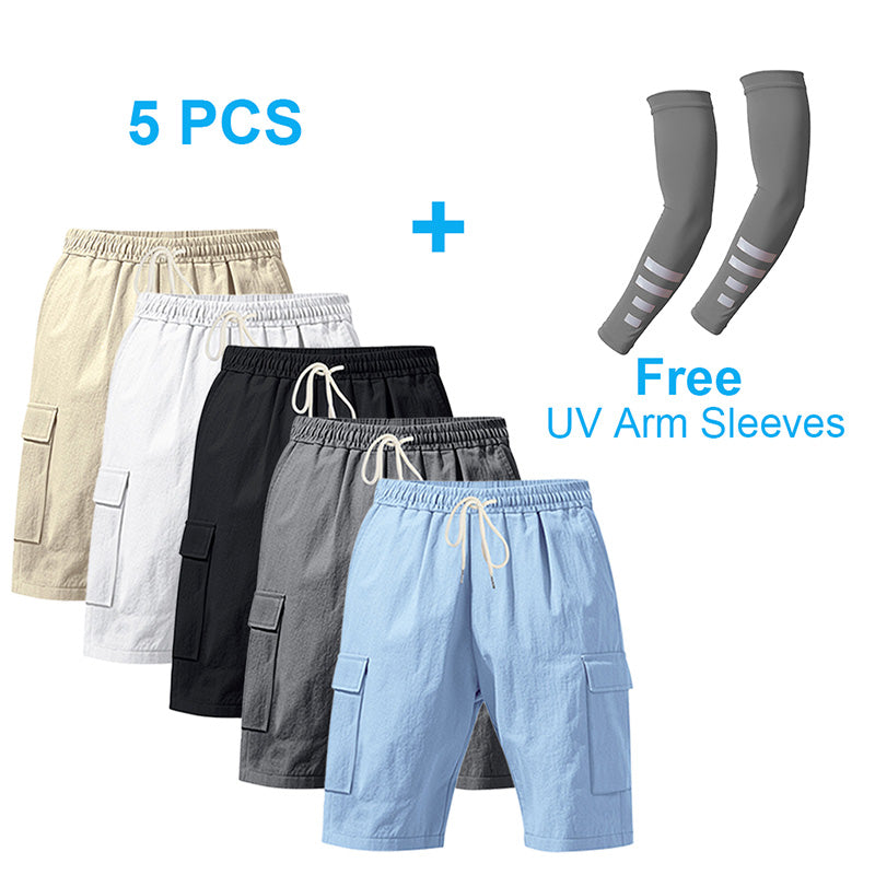Men's Linen-Blend Cargo Shorts, Elastic Waist Drawstring Multi-Pocket Casual Summer Shorts