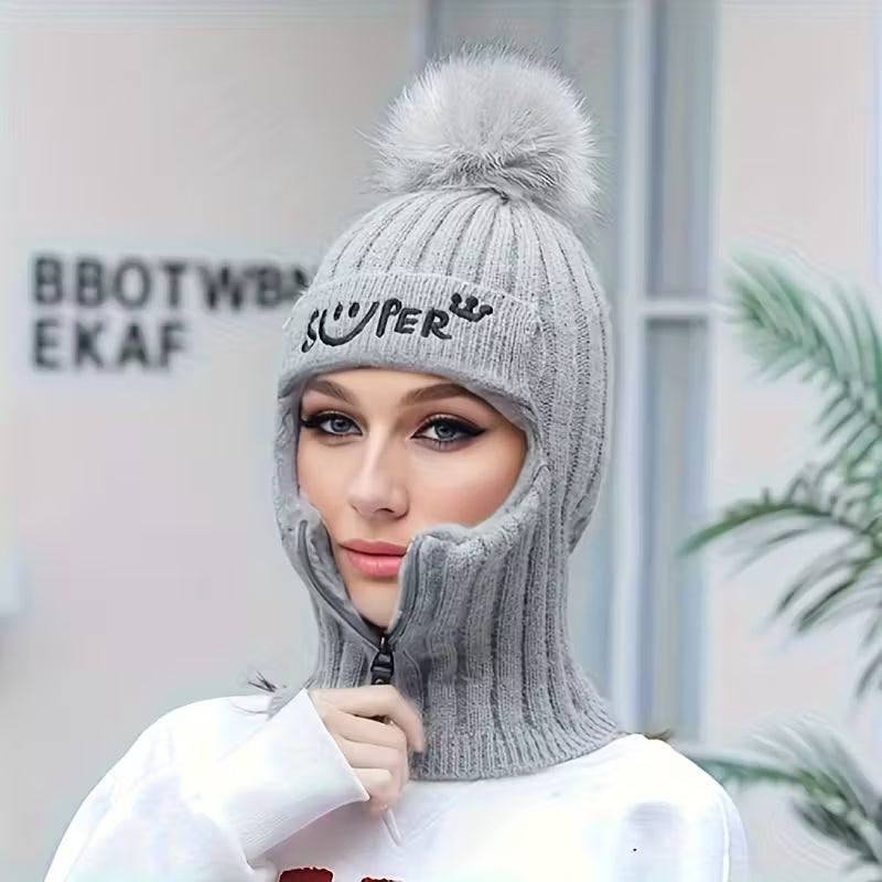 Women's Winter Knitted Hat Cold Weather Face Mask Neck Warmer Pom Beanie