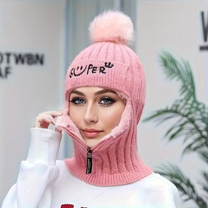 Women's Winter Knitted Hat Cold Weather Face Mask Neck Warmer Pom Beanie