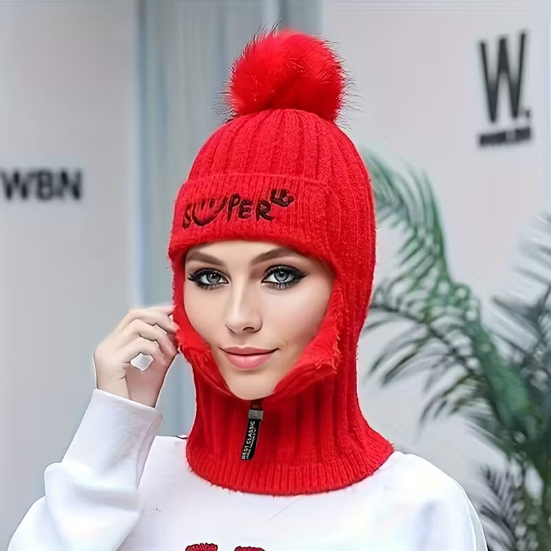 Women's Winter Knitted Hat Cold Weather Face Mask Neck Warmer Pom Beanie