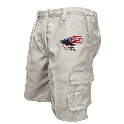 Men’s Independence Day Print Utility Cargo Shorts - Breathable Elastic Drawstring Shorts for Daily & Sports