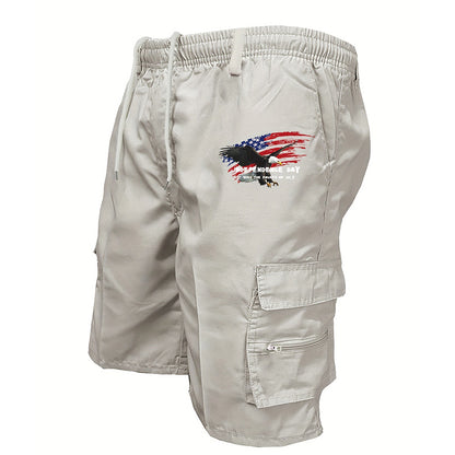 Men’s Independence Day Print Utility Cargo Shorts - Breathable Elastic Drawstring Shorts for Daily & Sports
