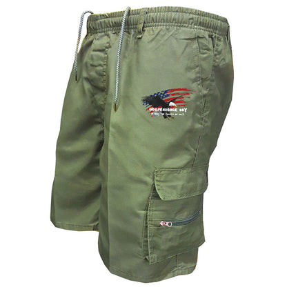 Men’s Independence Day Print Utility Cargo Shorts - Breathable Elastic Drawstring Shorts for Daily & Sports