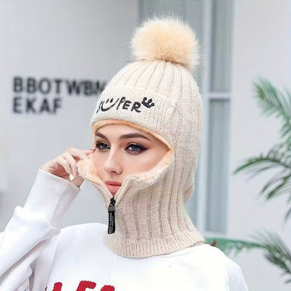 Women's Winter Knitted Hat Cold Weather Face Mask Neck Warmer Pom Beanie